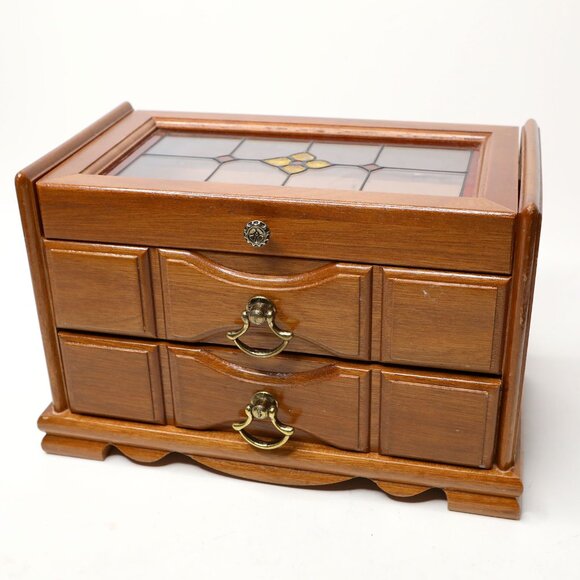 Vintage Wooden Musical Jewelry Box with Stained Glass Lid Trinket Box Storage - Picture 3 of 15